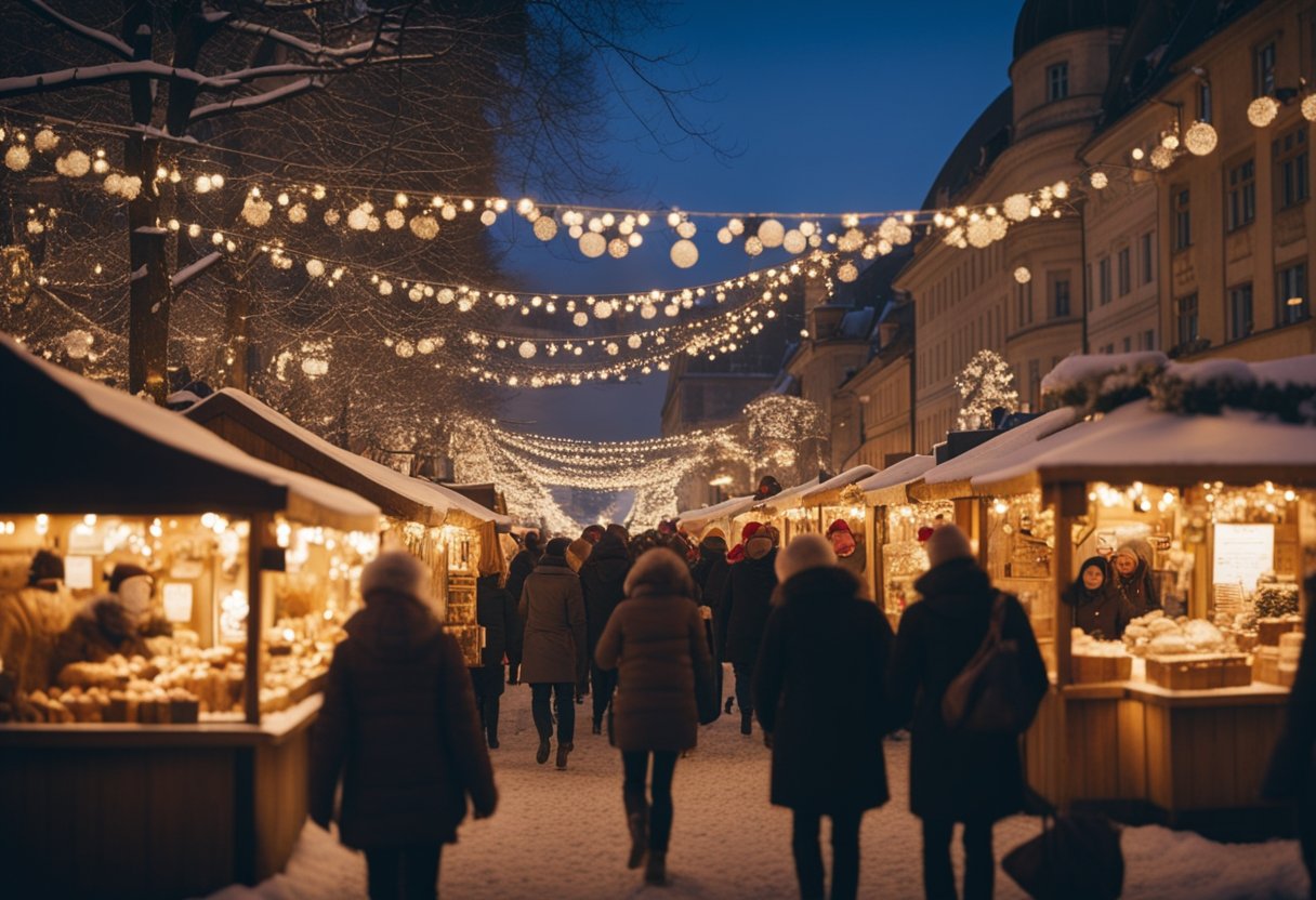 Visitors stroll among wooden stalls adorned with twinkling lights, selling handmade crafts and delicious treats at the bustling Christmas markets in Berlin