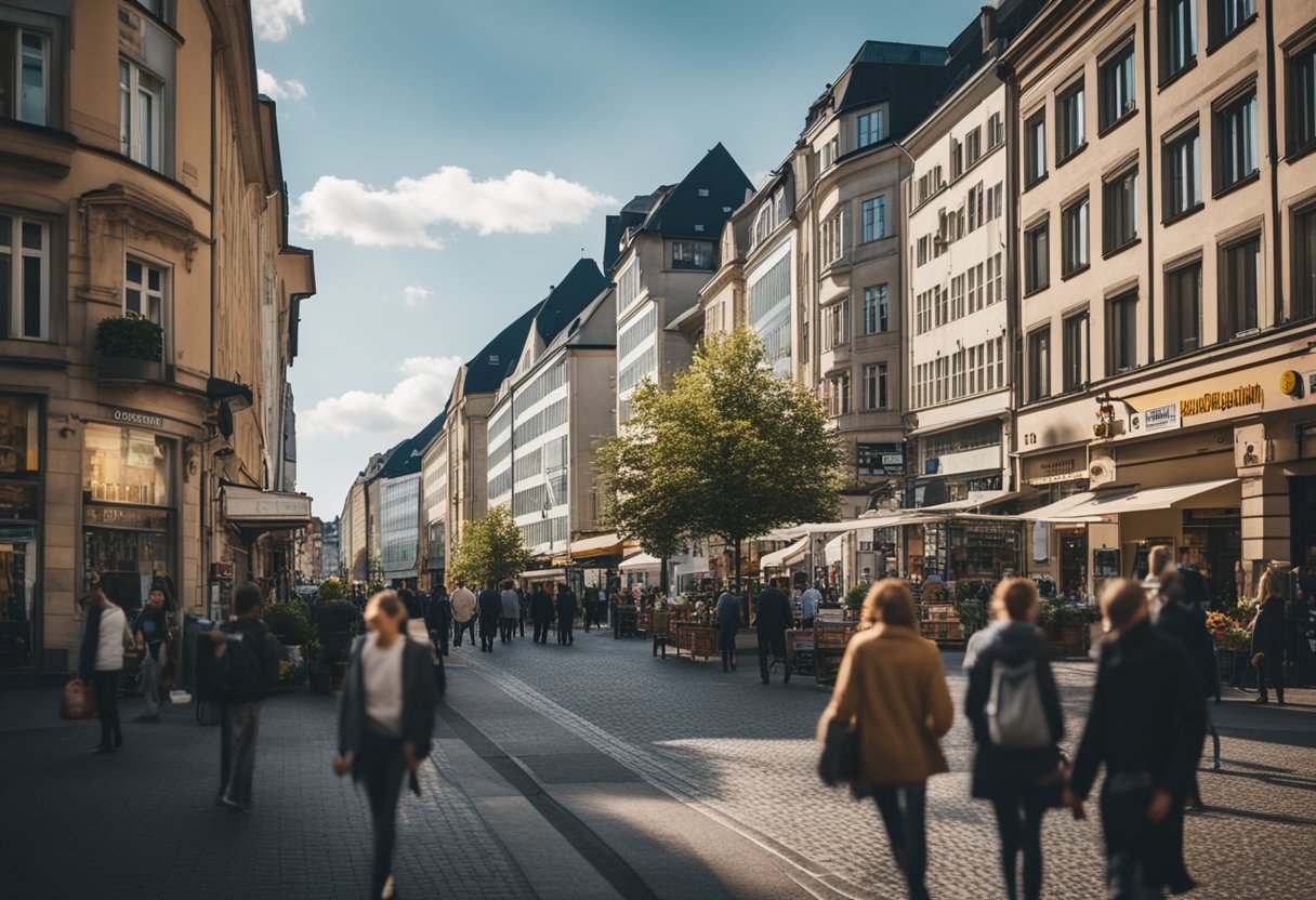 Busy Berlin street with various retail stores, cafes, and pedestrians. No Walmart in sight