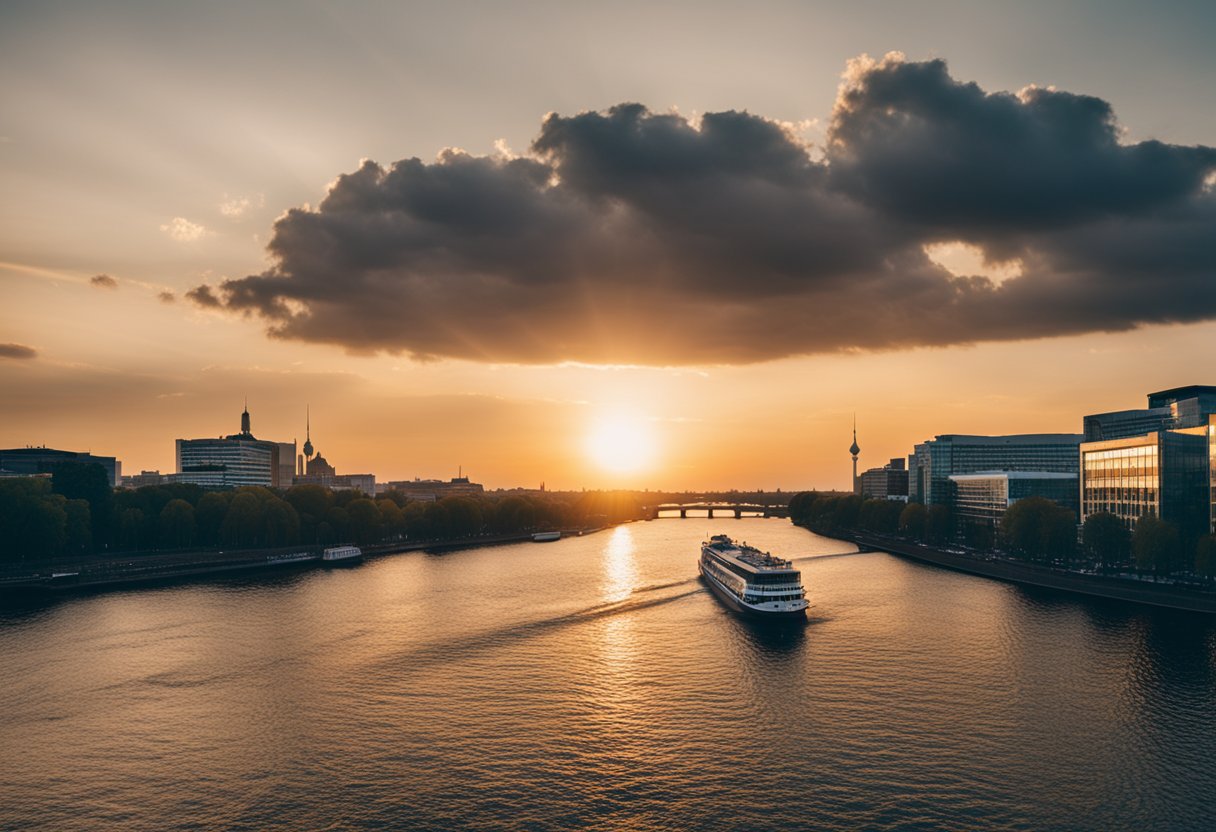 Sunset over the Spree River in Berlin, with boats gliding along the water and the city skyline in the background