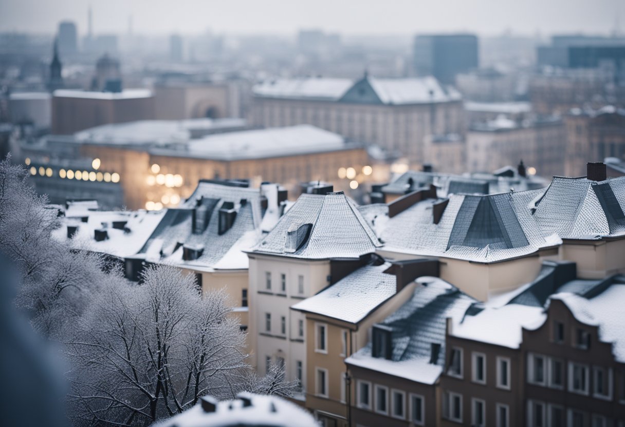 Snowflakes gently fall over the cityscape of Berlin, covering the rooftops and streets in a blanket of white