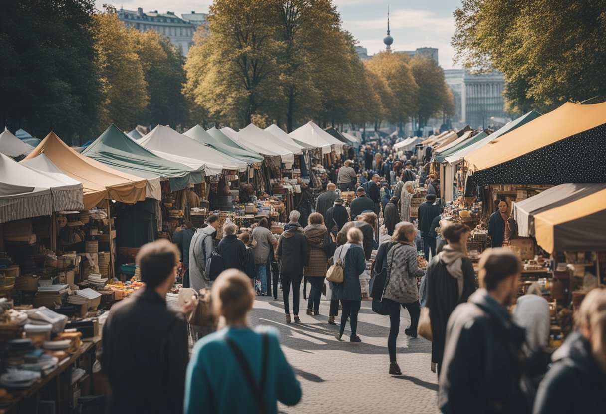 Busy flea market in Berlin, Germany, with colorful stalls, vintage items, and diverse crowds browsing and bargaining