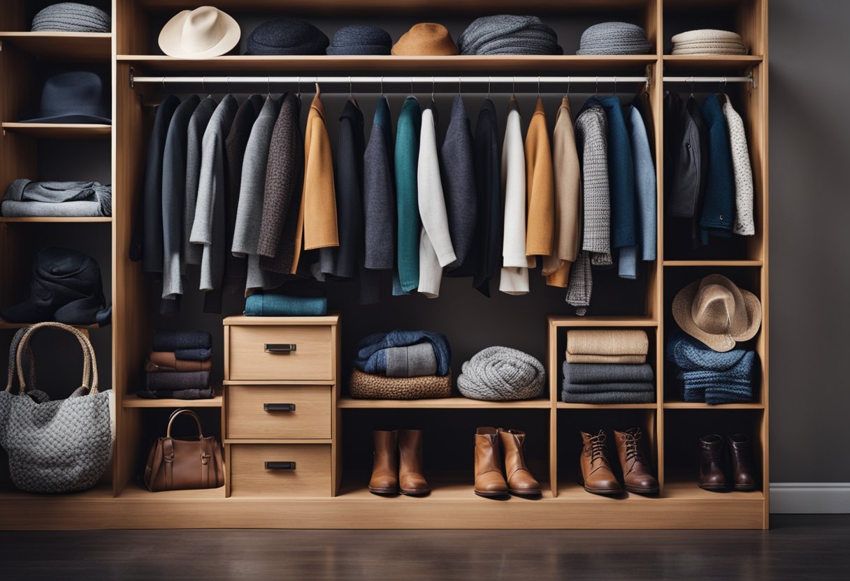 A wardrobe with various clothing items for different seasons, including coats, scarves, hats, and boots