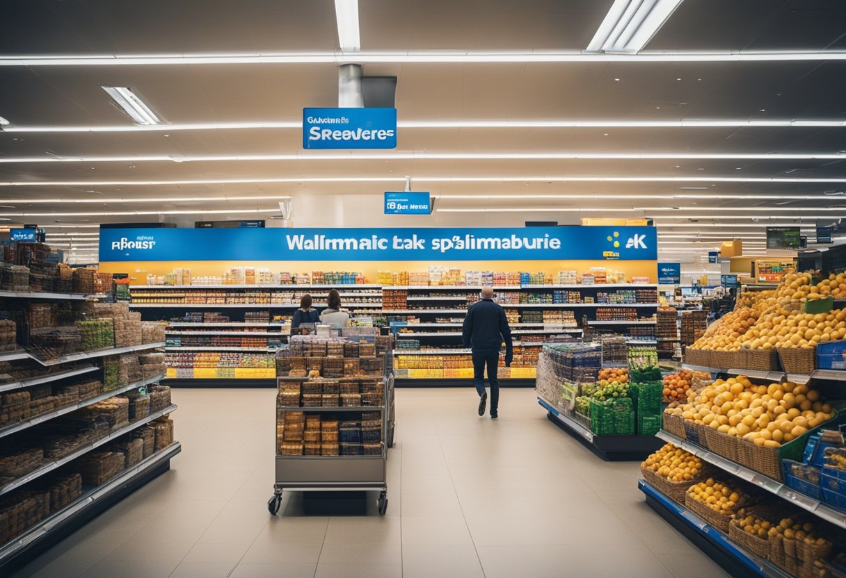 Busy Walmart store in Berlin, Germany with customers browsing aisles and checking out at the registers. Brightly lit with colorful displays and promotional signs