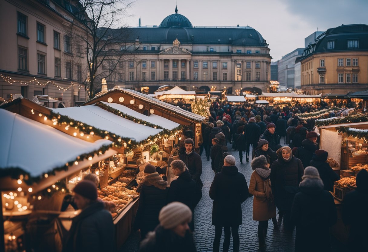 A bustling Christmas market in Berlin, Germany, with ornate wooden stalls, twinkling lights, and joyful crowds