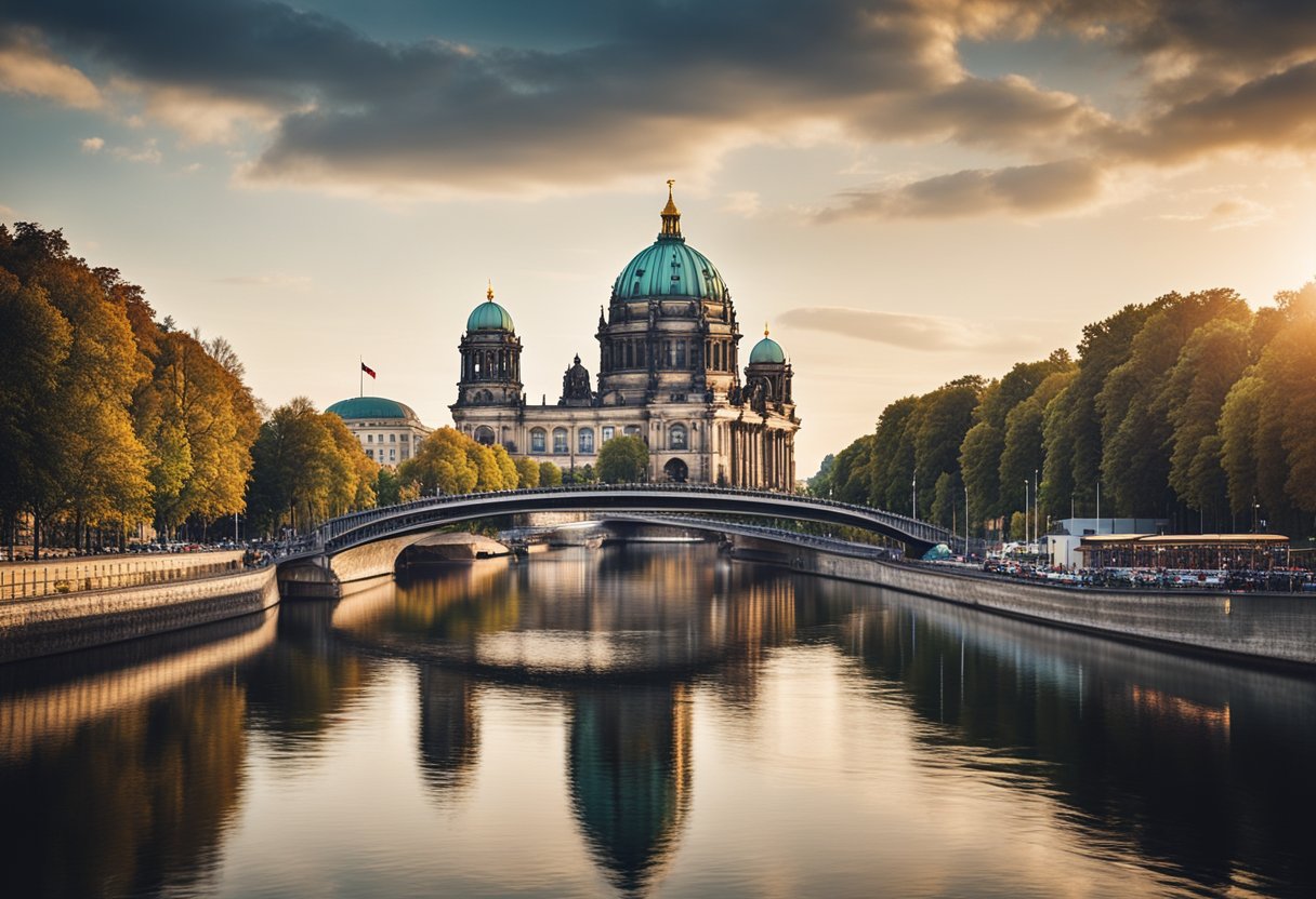 A boat cruises along the Spree River in Berlin, passing by iconic landmarks such as the Berlin Cathedral and the Reichstag building