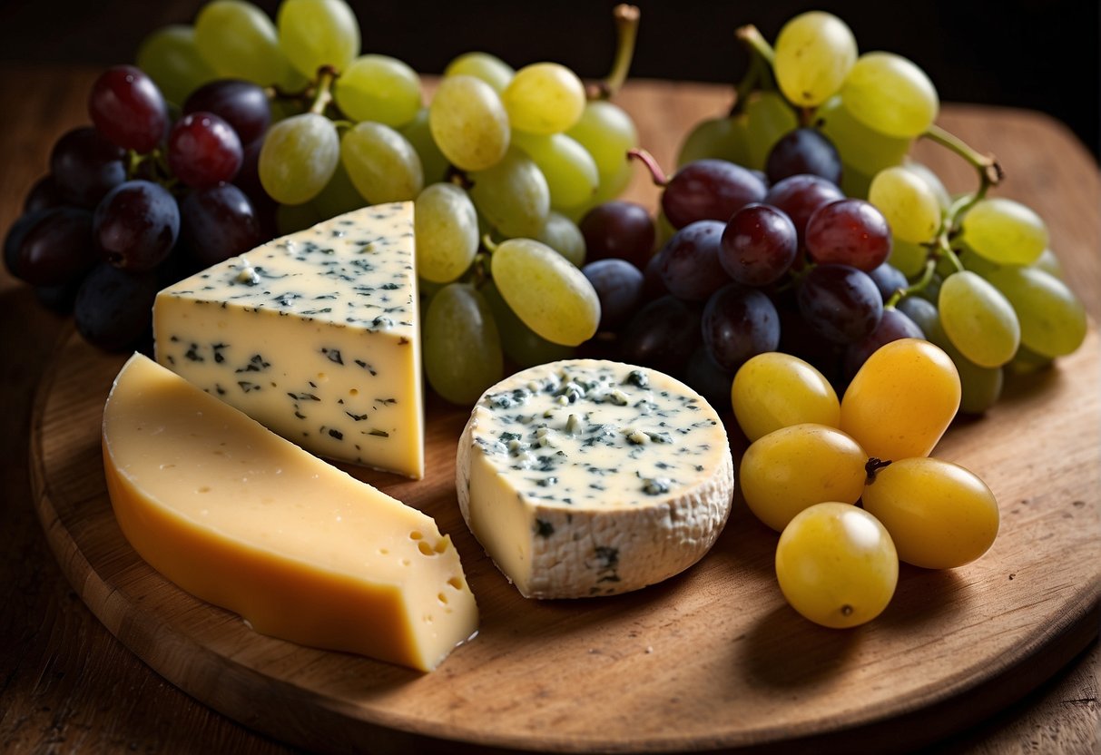 Various cheese types arranged on a wooden board, including cheddar, brie, gouda, and blue cheese. A knife and some grapes are also present