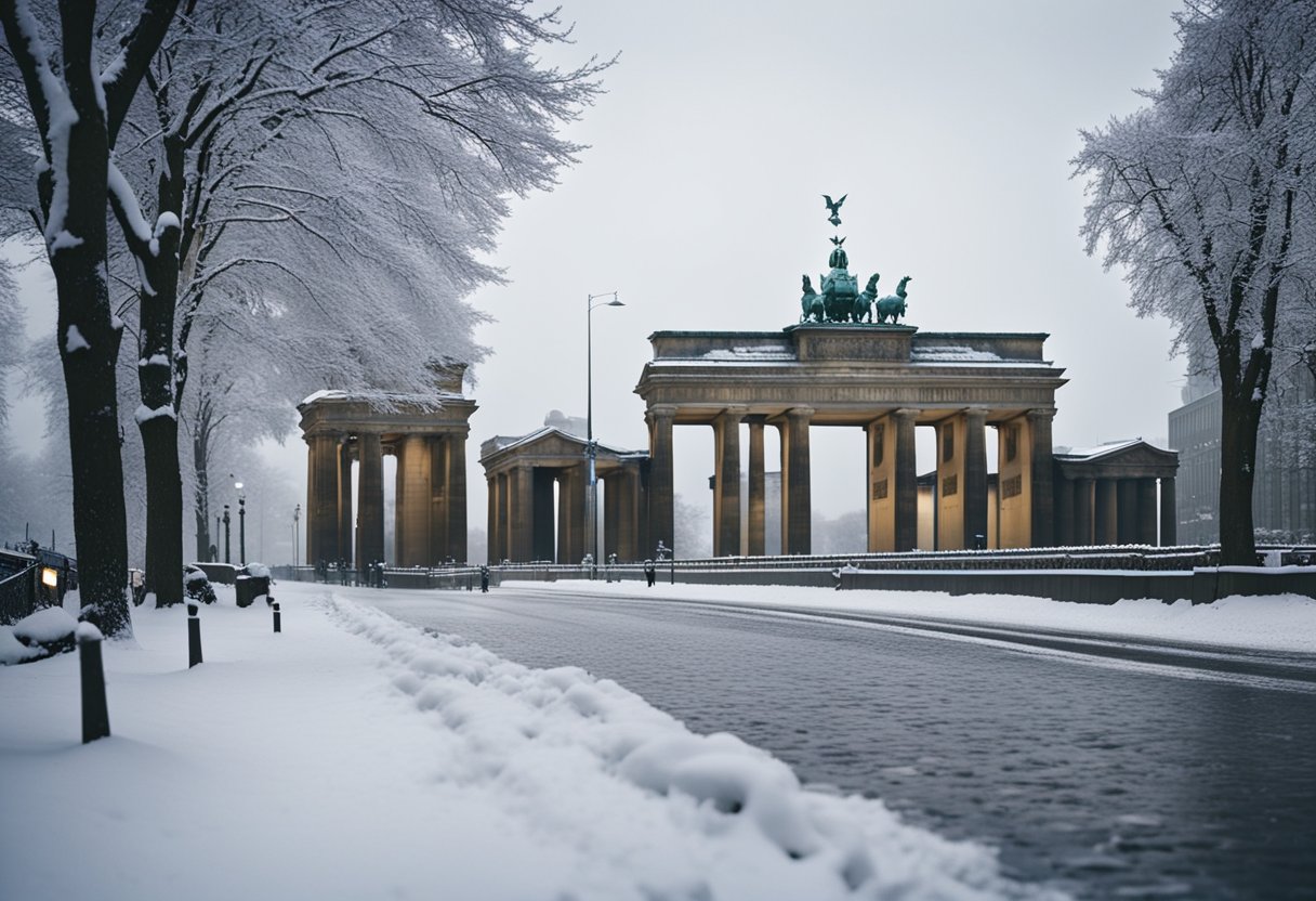 Snow falls gently on the historic streets of Berlin, covering the city in a blanket of white. The iconic landmarks, such as the Brandenburg Gate and the Berlin Wall, are transformed into a winter wonderland