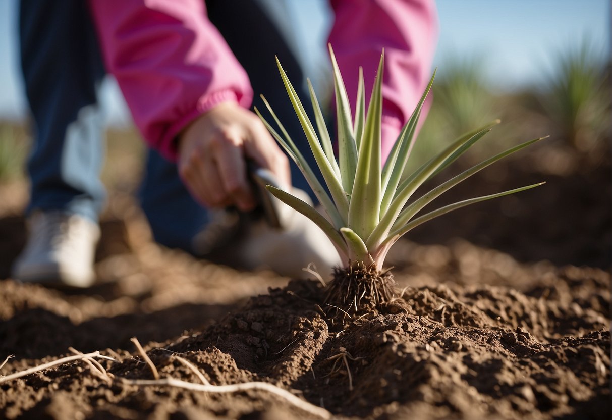 Pink yucca plant being divided with a sharp tool, roots exposed, and replanted in fresh soil
