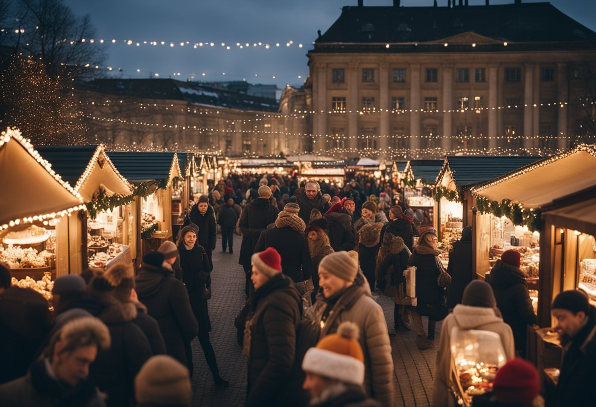 Crowds browse festive stalls at Berlin's Christmas market, lit by twinkling lights and adorned with traditional decorations