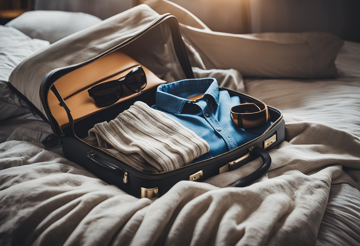 A suitcase open on a bed, filled with summer clothes and accessories. A map of Berlin and a travel guide are laid out next to it