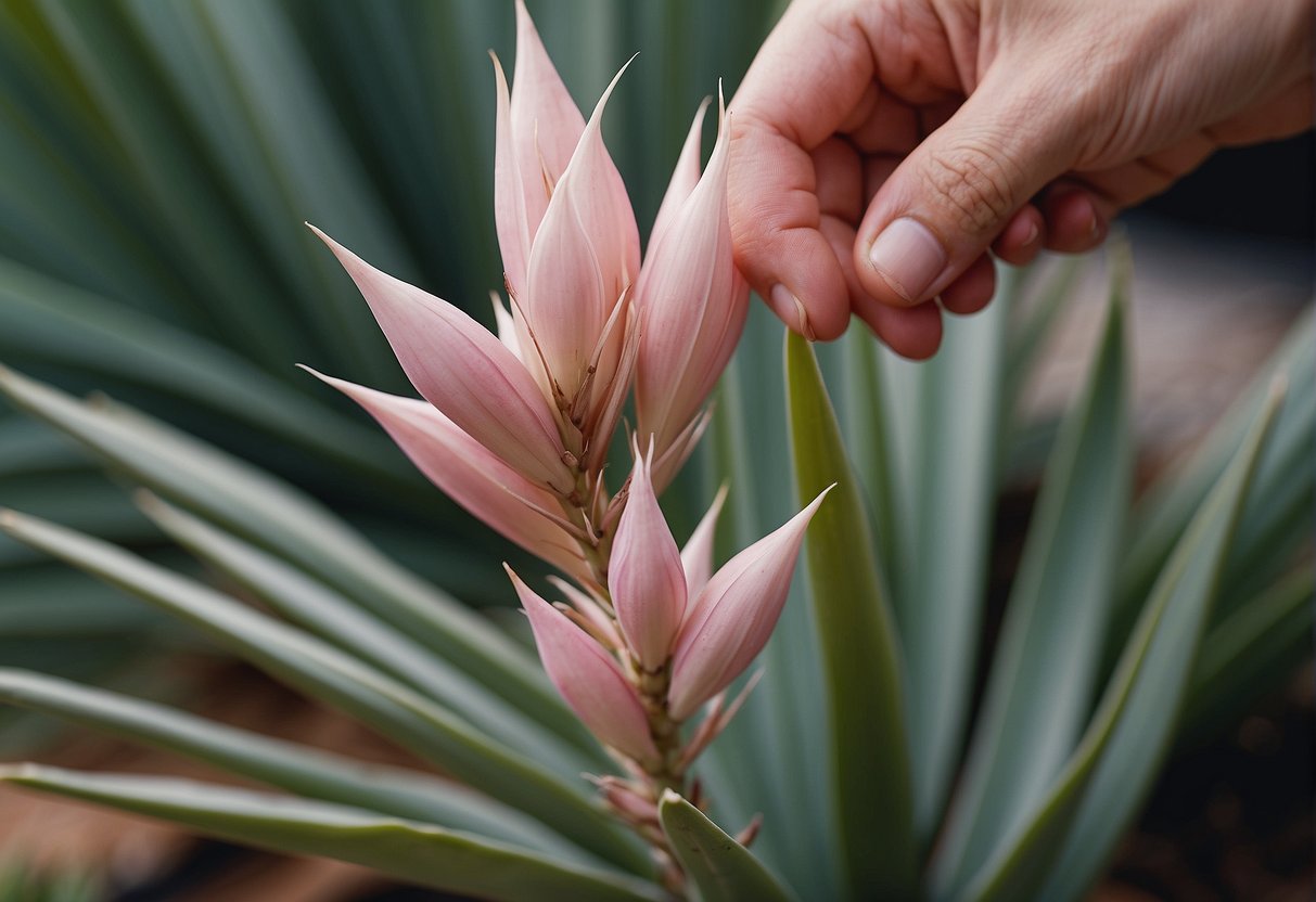 A pink yucca plant being carefully divided into smaller sections in a step-by-step process