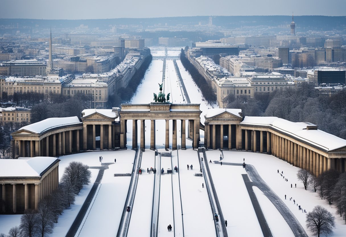 Snow covers Berlin's iconic landmarks, like the Brandenburg Gate and the Berlin Wall, as the cityscape is blanketed in a layer of white