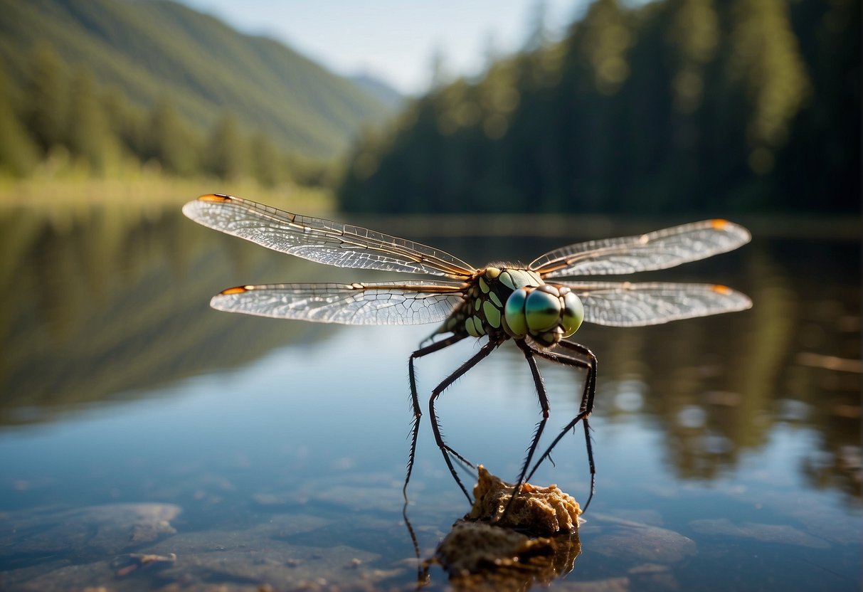A dragonfly-like spacecraft hovers above a vast, tranquil methane lake, its wings glinting in the sunlight as it prepares to descend and explore the alien shore