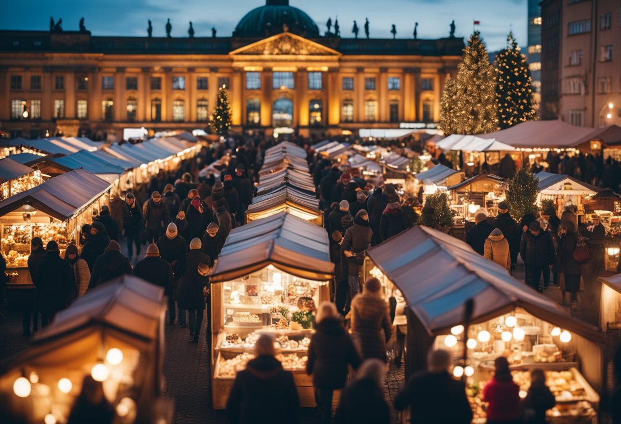 Crowds browse colorful stalls at a Christmas market in Berlin, Germany. Festive lights, decorations, and a bustling atmosphere fill the scene