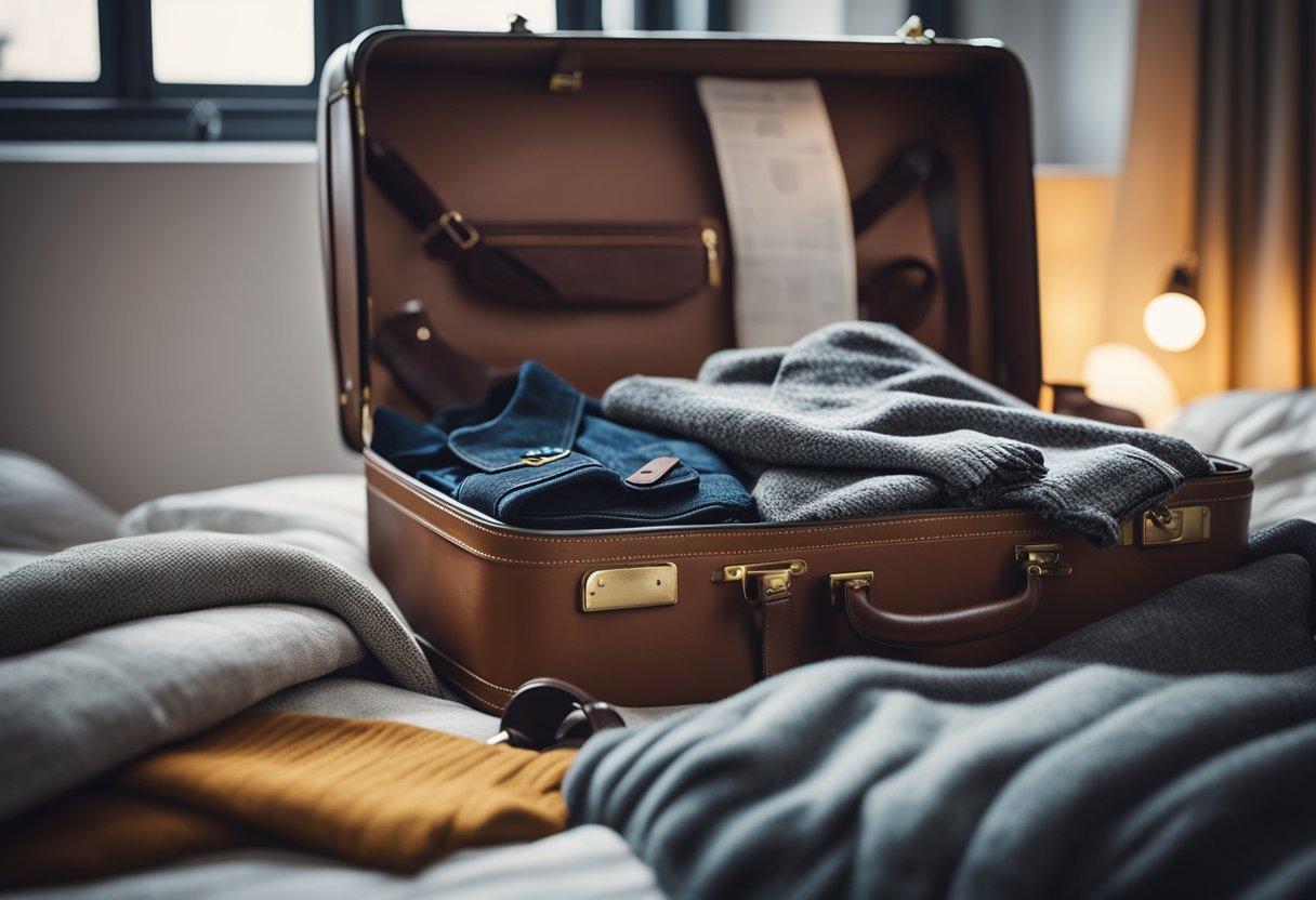 A suitcase open on a bed, filled with warm clothes, boots, and a map of Berlin, Germany