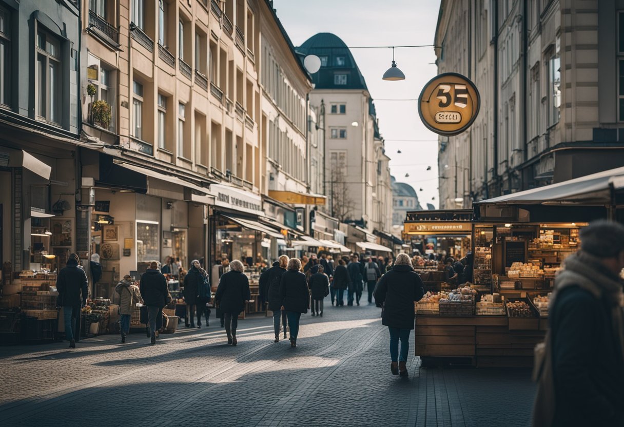 A bustling street in Berlin, with diverse shops and signs. No Walmart in sight