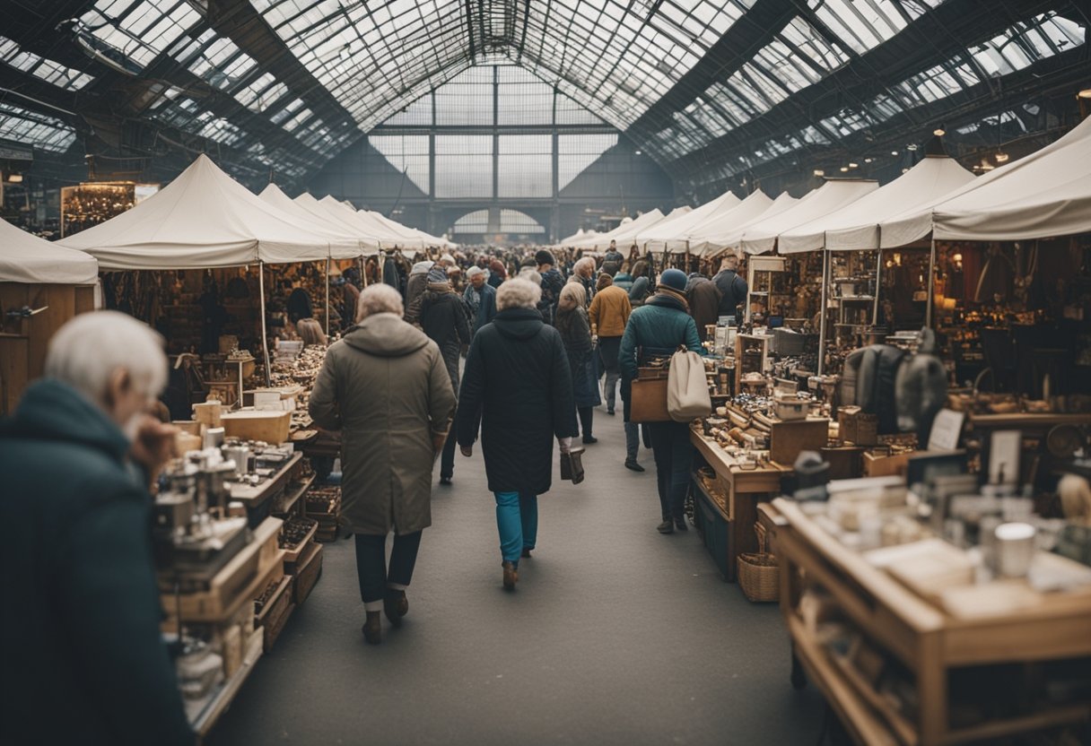 A bustling flea market in Berlin, Germany with colorful stalls and diverse shoppers browsing through vintage goods and antiques