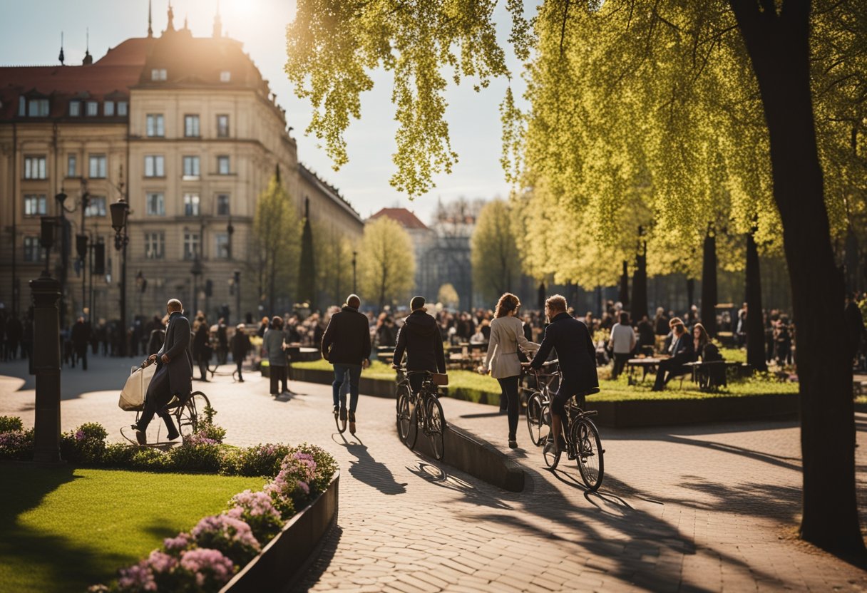 Sunny skies over Berlin in spring, with people strolling in parks and enjoying outdoor cafes