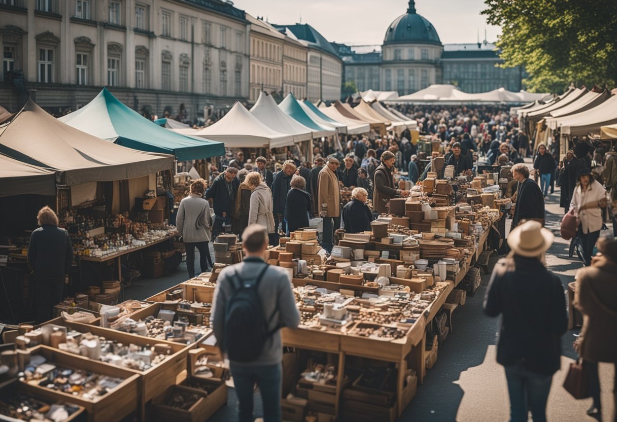 A bustling flea market in Berlin, Germany, with colorful stalls and a diverse crowd browsing through vintage items and antiques