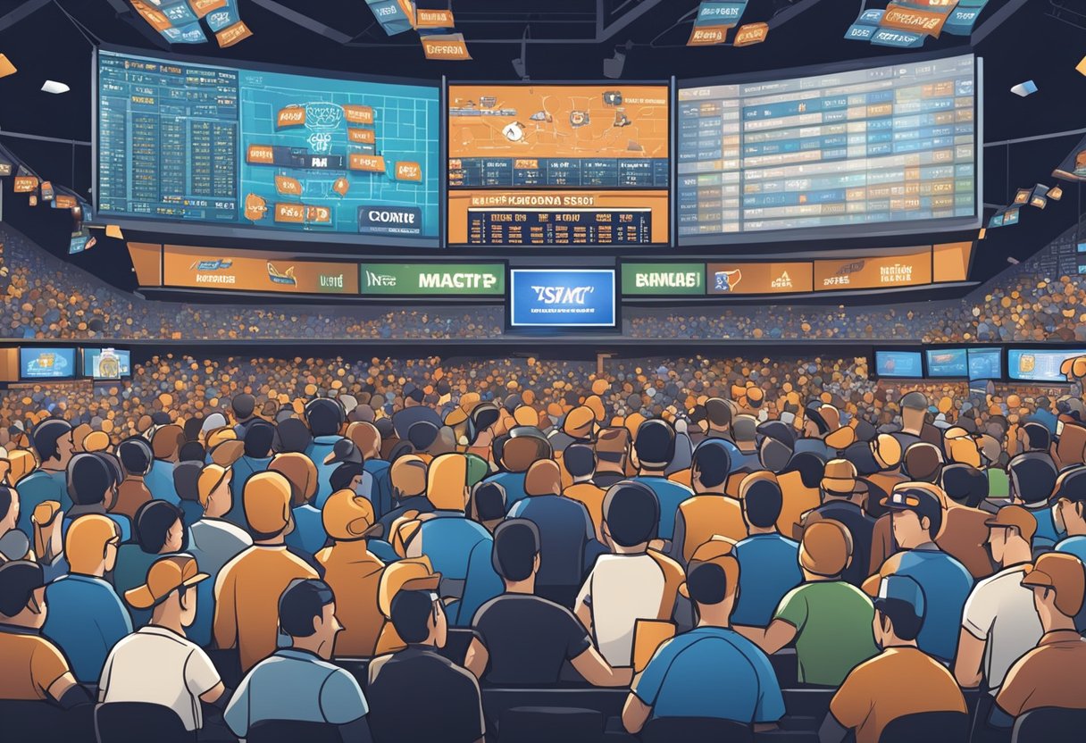 A crowded sportsbook with March Madness banners, big screens, and excited fans placing bets