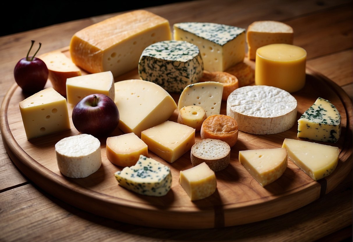 A selection of various cheeses arranged on a wooden board with labels. A cheese cave or refrigerator in the background for storing