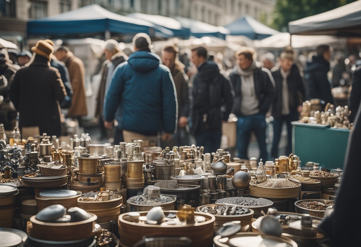 A bustling flea market in Berlin, Germany, filled with unique collectibles and specialty items for collectors