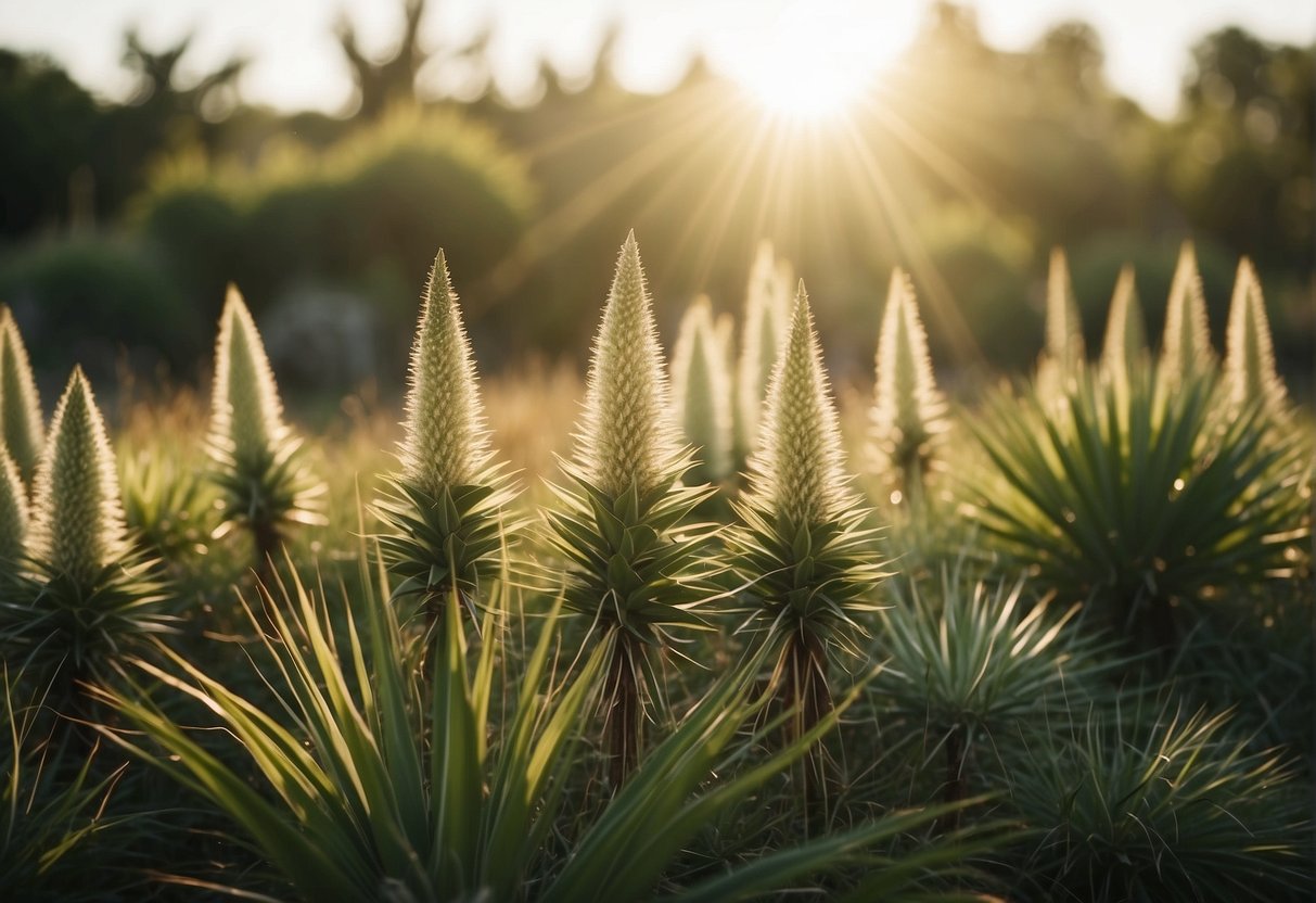 A lush pasture with yucca plants scattered throughout. The plants are tall and spiky, with long, sword-like leaves. The sun is shining, casting a warm glow over the landscape