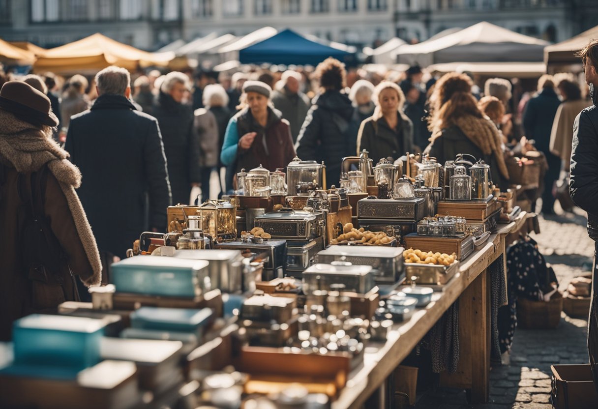 Shoppers browse through colorful stalls at a bustling flea market in Berlin, Germany. Vendors display a variety of goods, from vintage clothing to unique antiques. The atmosphere is lively and filled with excitement