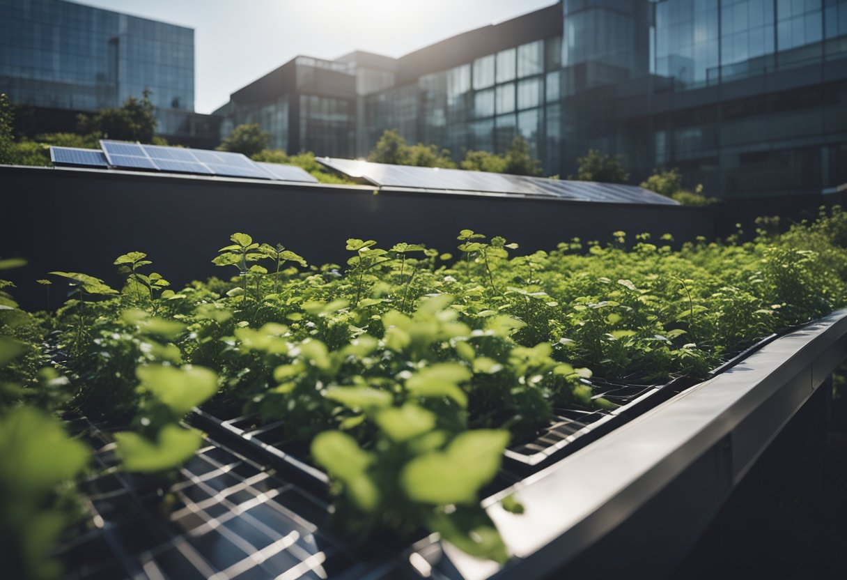 A lush garden thrives atop a modern building, capturing rainwater and reducing urban heat. Solar panels and beehives add to the eco-friendly scene