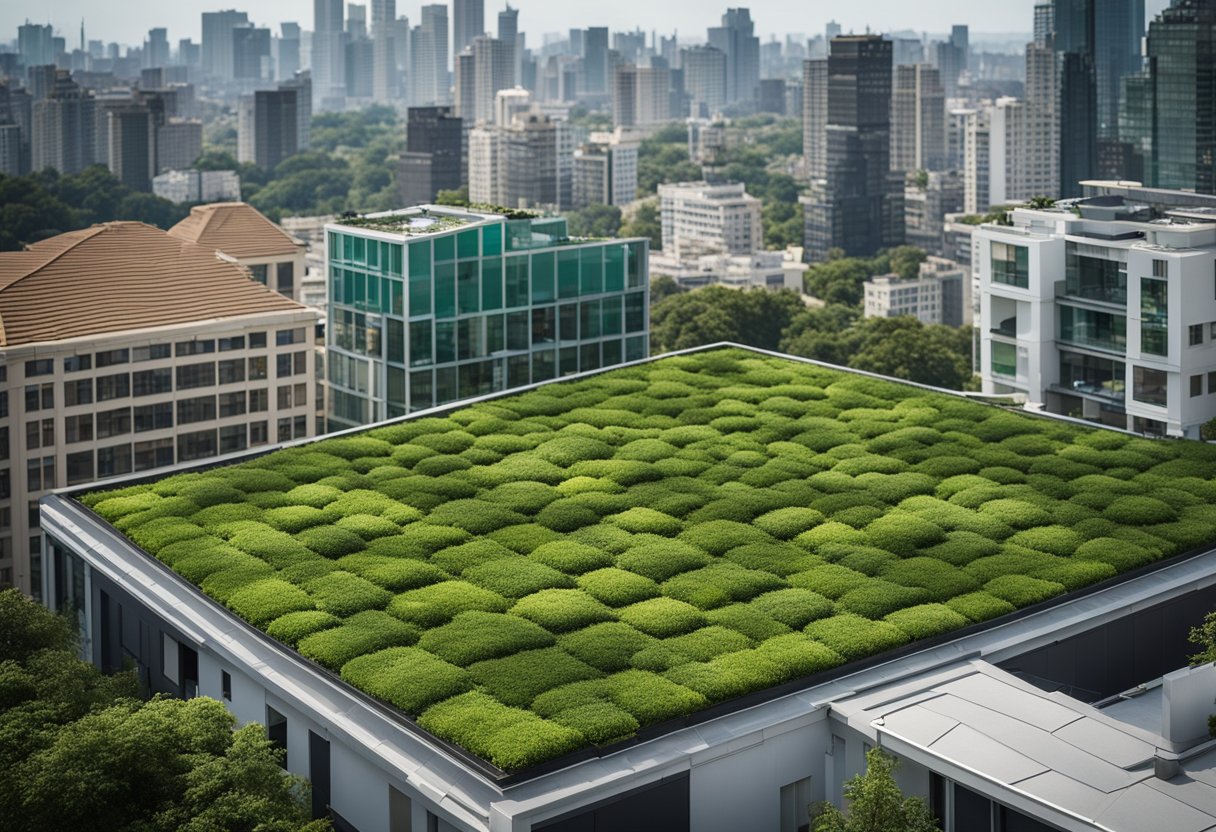 A city skyline with buildings featuring lush greenery on their rooftops, showcasing the implementation of eco-friendly green roofs for sustainable living