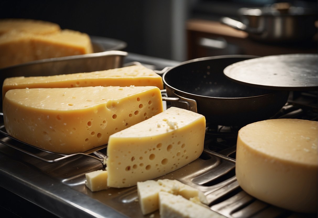 A variety of cheeses being sliced and grated, with a pot of melted cheese on a stove