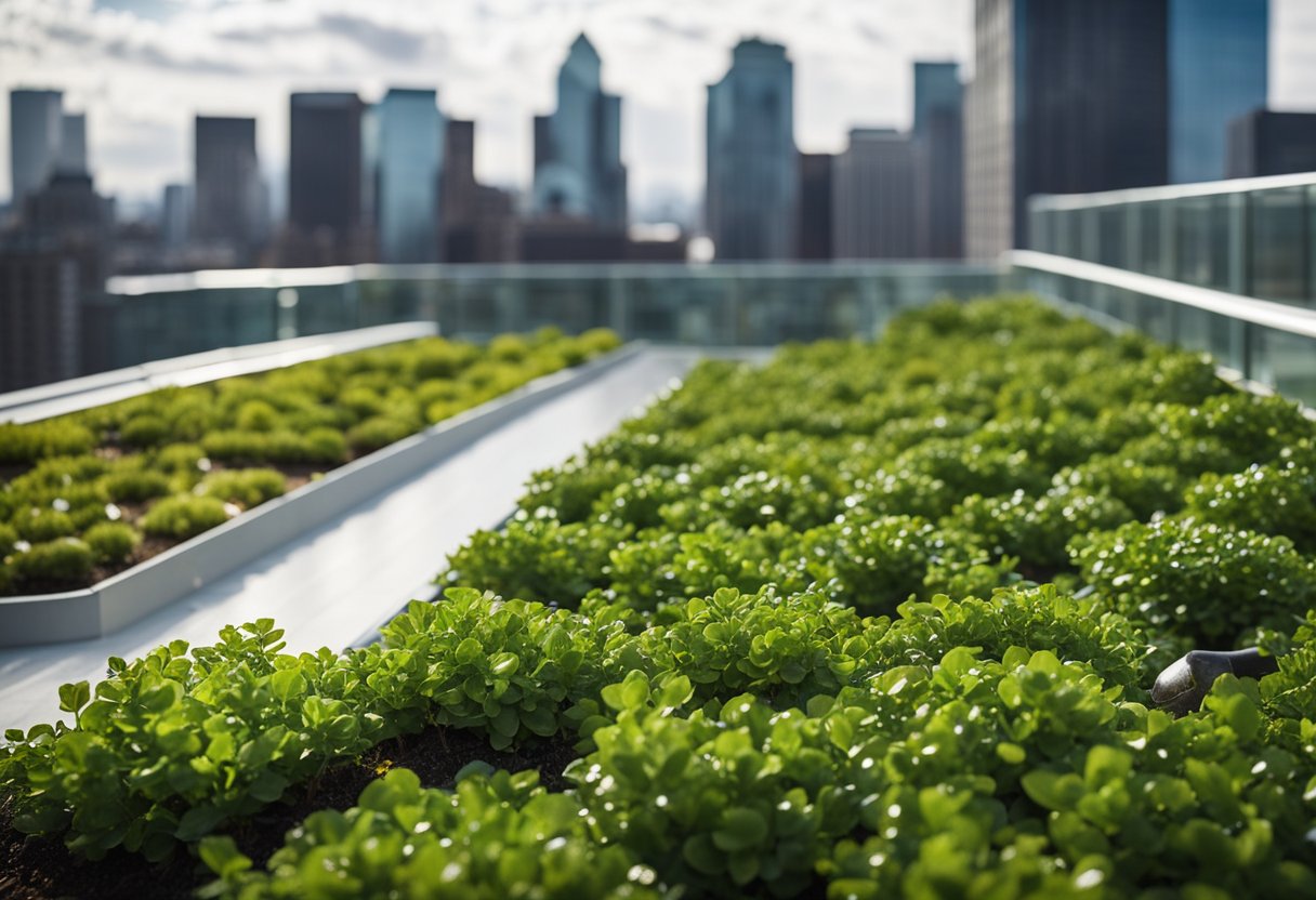 A lush green roof atop a modern building, capturing rainwater, reducing energy use, and providing habitat for wildlife. Challenges include maintenance and initial cost