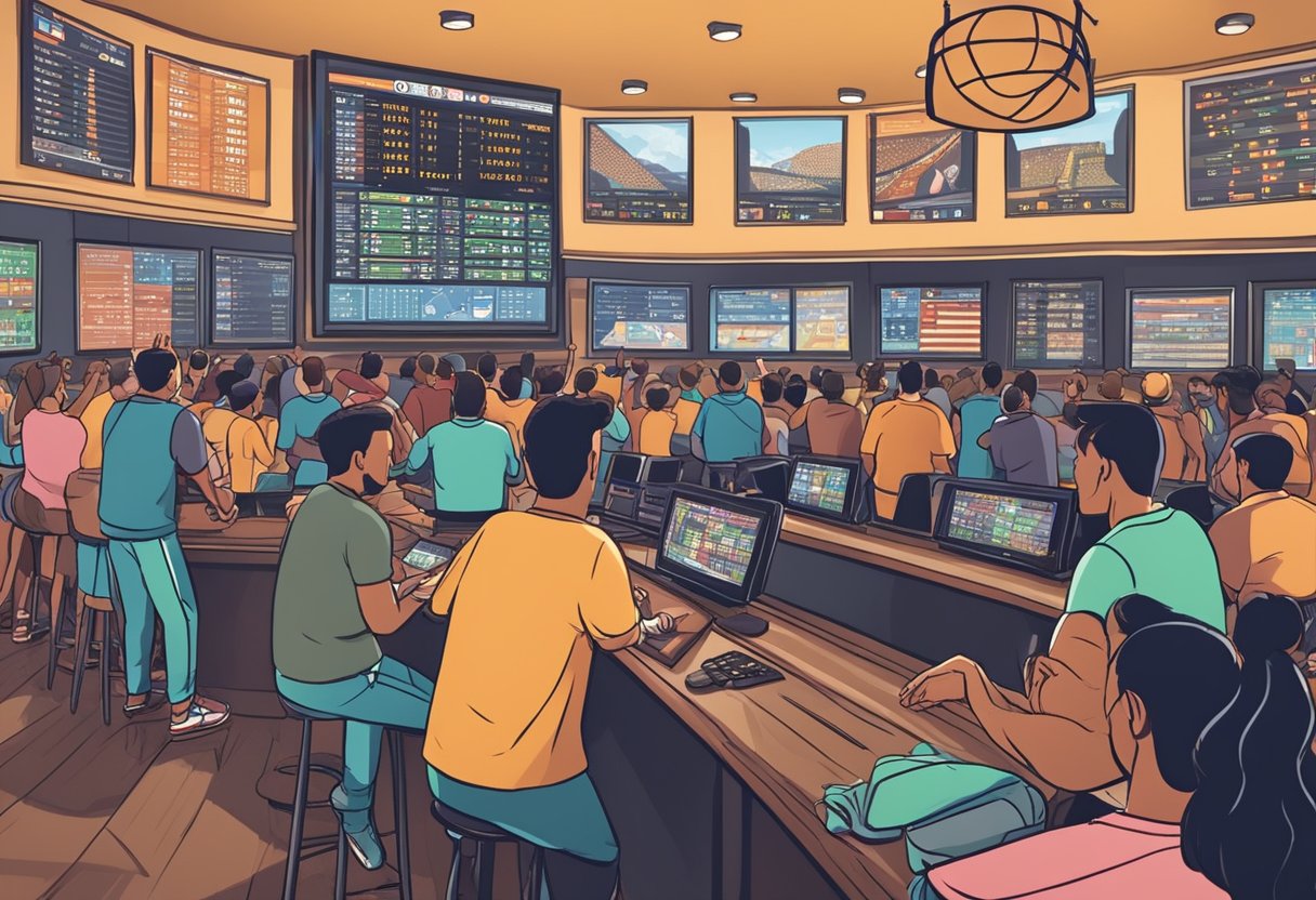 A crowded sportsbook with excited fans watching March Madness games on big screens, placing bets at the counter, and cheering for their favorite teams