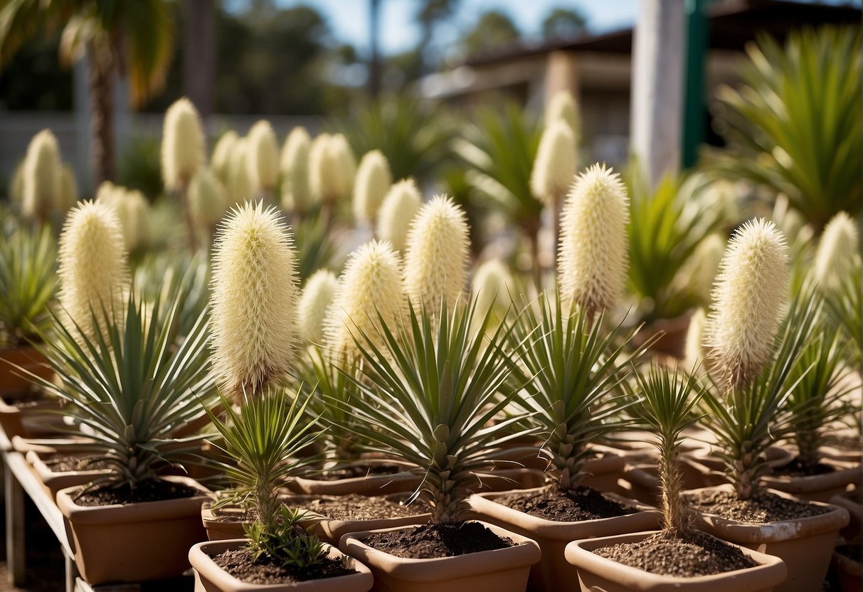 Several yucca plants arranged in pots at a local nursery in Southwest Florida. Bright sunlight highlights the different varieties of yucca, including Yucca filamentosa and Yucca gloriosa