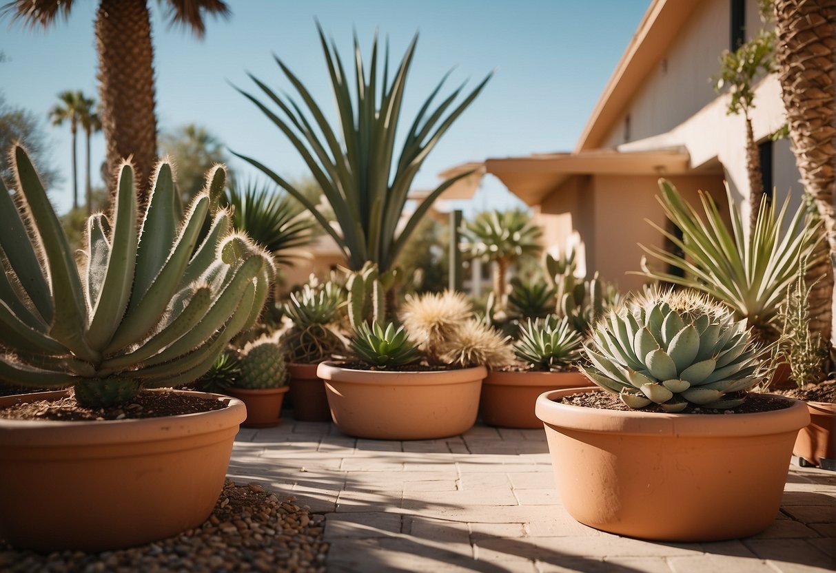 A sunny patio with potted yucca plants, surrounded by cacti and succulents. The plants are thriving in the warm, dry climate of Southwest Florida