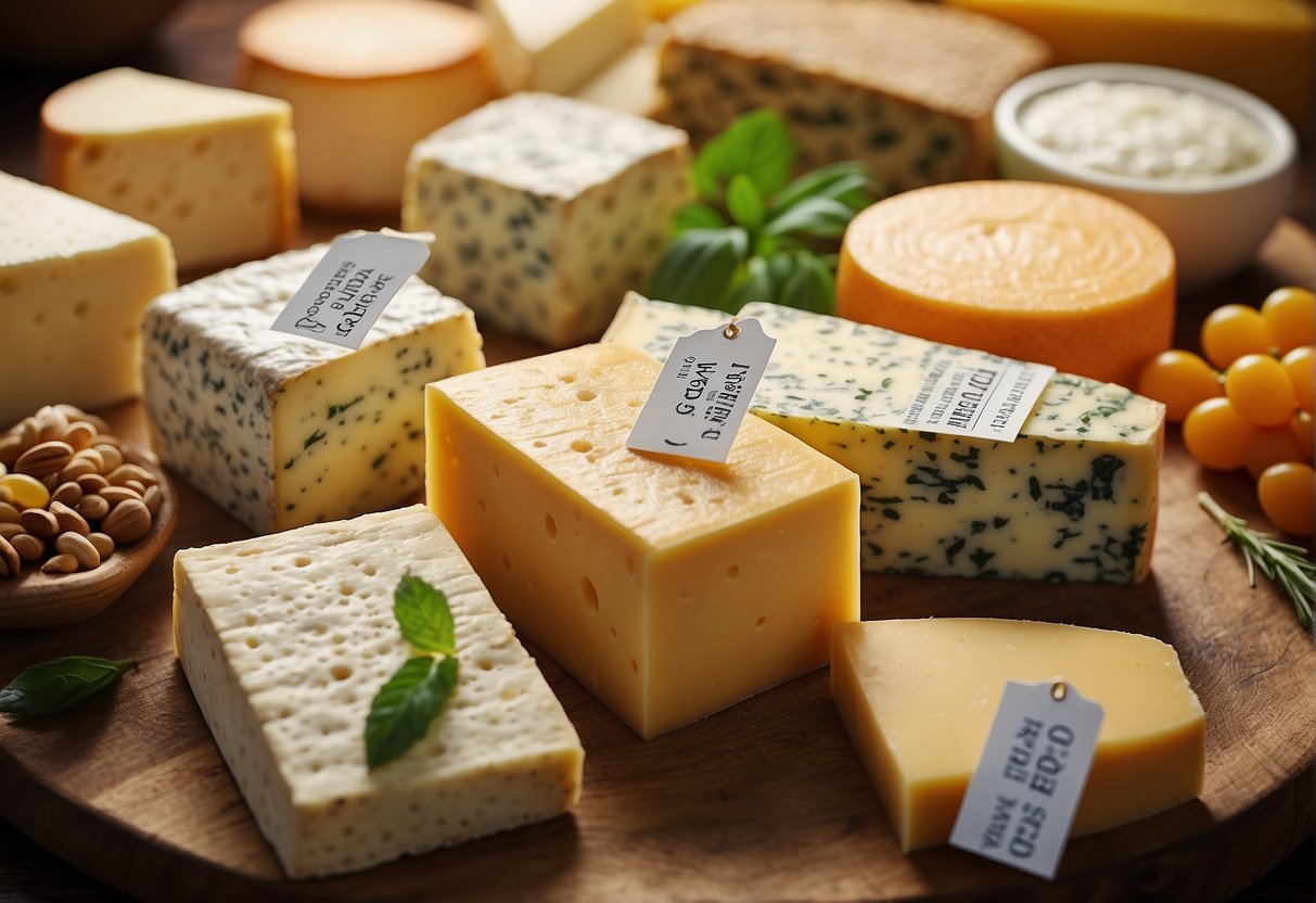 A variety of cheeses arranged with labels showing nutritional profiles and health information