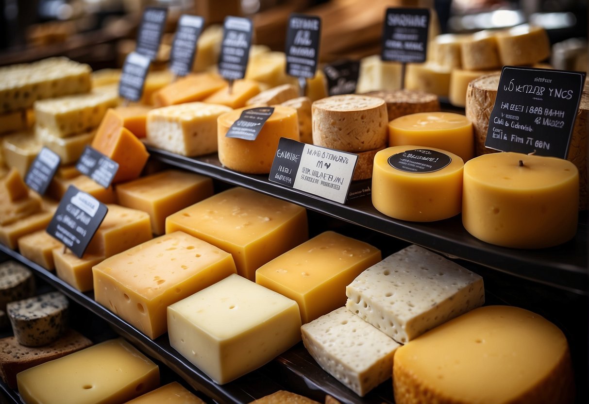A bustling cheese market with various types on display, from creamy brie to sharp cheddar, showcasing the diverse trends in the cheese industry