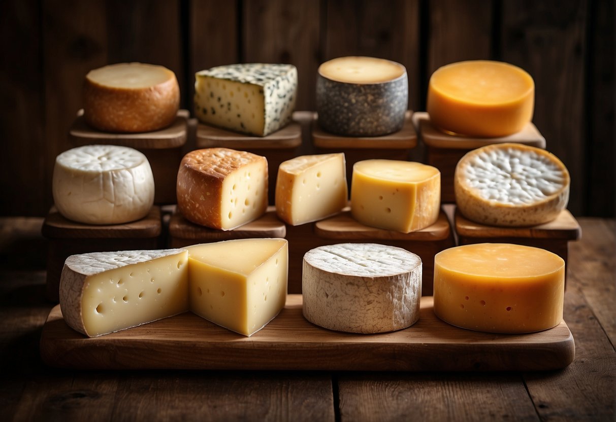 Various regional cheese varieties displayed on a rustic wooden board with labels