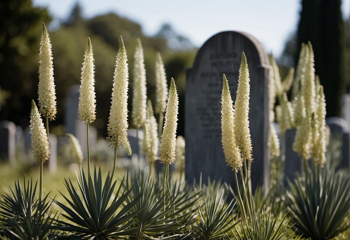 Yucca plants stand tall in a peaceful cemetery, their sword-like leaves reaching towards the sky. Surrounding gravestones are adorned with these resilient plants, symbolizing endurance and remembrance