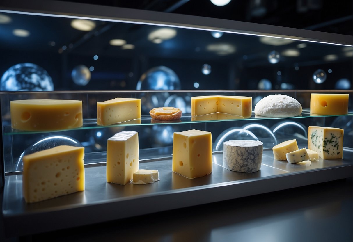 Various types of cheese floating in a futuristic space setting, surrounded by holographic displays showcasing their origins and characteristics