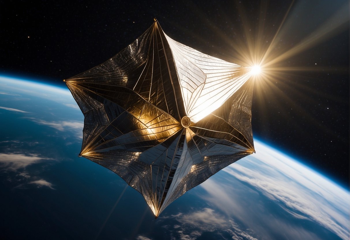 Solar Sail Technology - A solar sail spacecraft glides through the vast expanse of space, propelled by the gentle push of sunlight against its shimmering, reflective sails