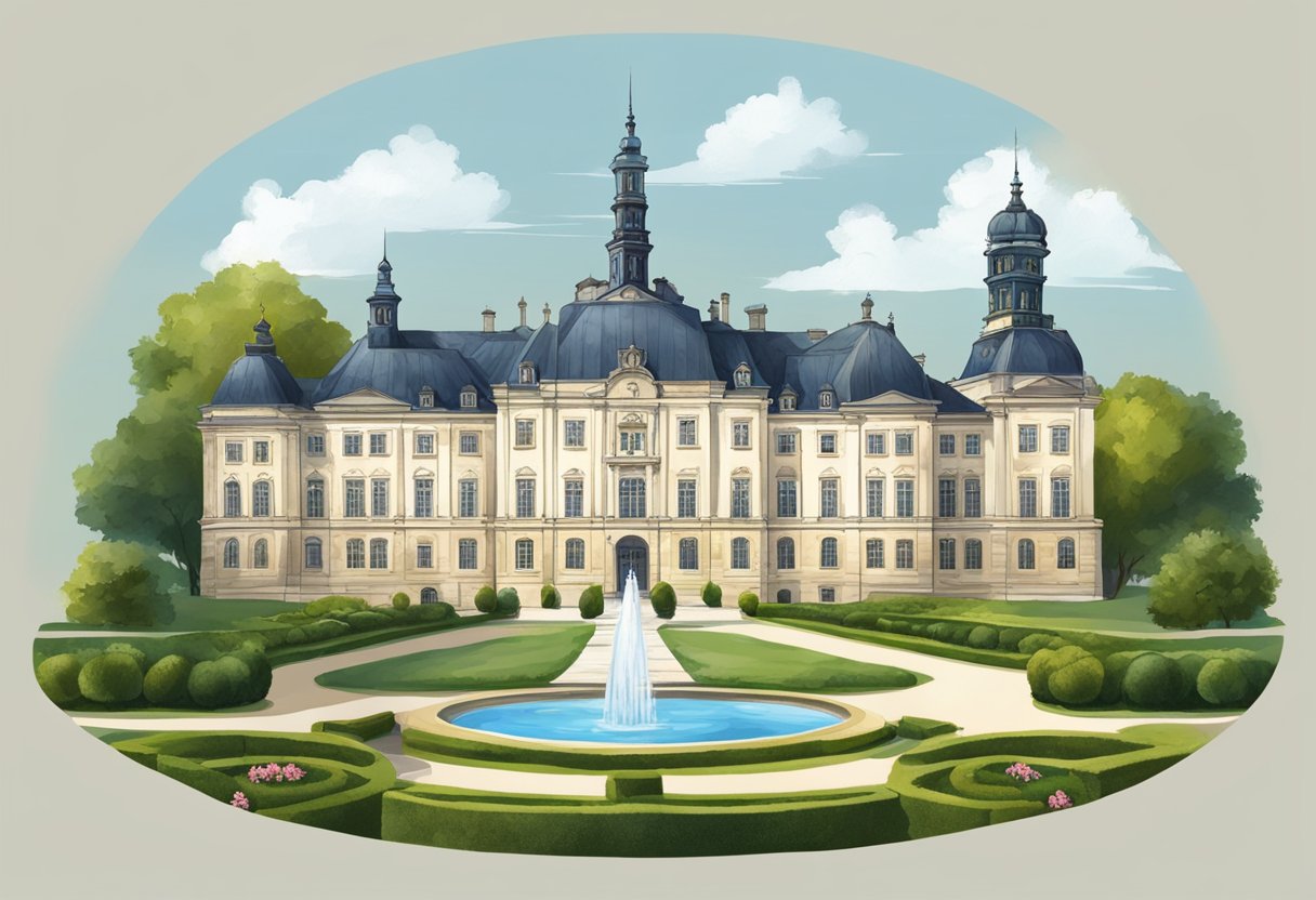 A grand Polish palace with lush gardens and a pristine distillery, symbolizing the history and origin of Belvedere Vodka
