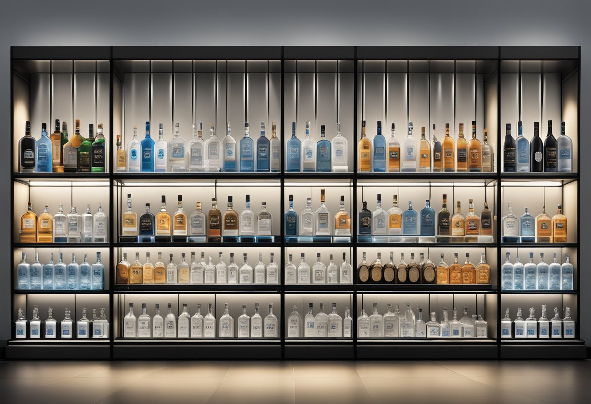 A sleek, upscale liquor store display showcases bottles of Belvedere Vodka with price tags prominently displayed