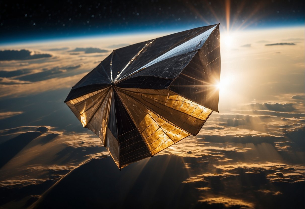 A solar sail spacecraft unfurls its large, reflective sail in the vacuum of space, facing engineering and deployment challenges