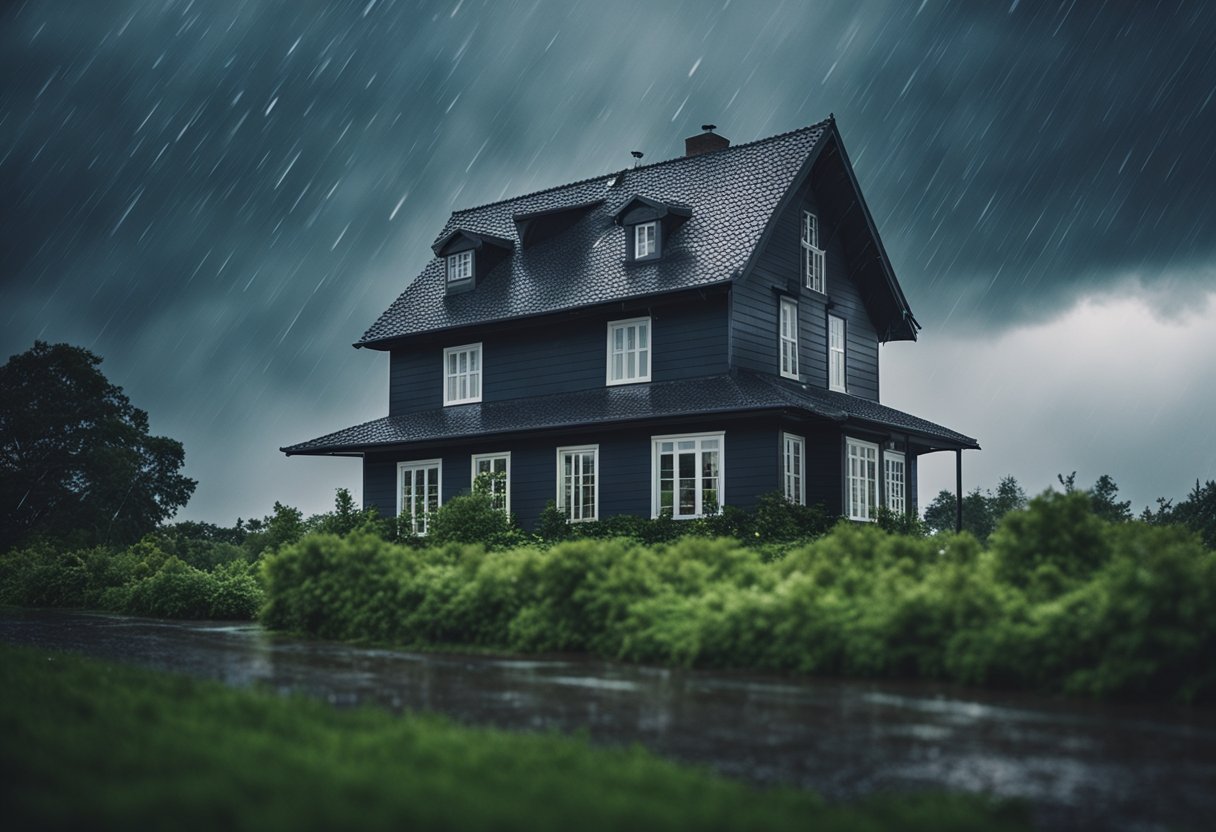 A sturdy house stands firm amidst raging storms and heavy rain, with resilient roofing materials withstanding the extreme weather