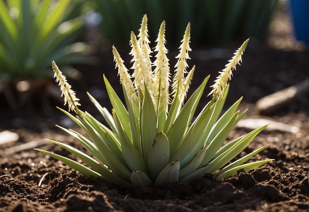 Yucca plants are being dug up and placed in a compost pile