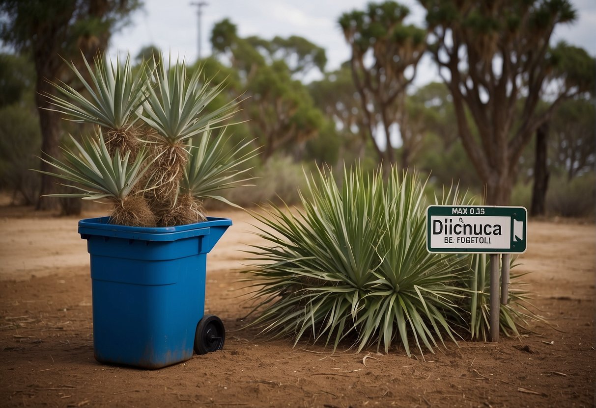 A yucca plant being placed in a designated disposal area, with a sign indicating "Yucca Plant Disposal" and a bin for plant waste