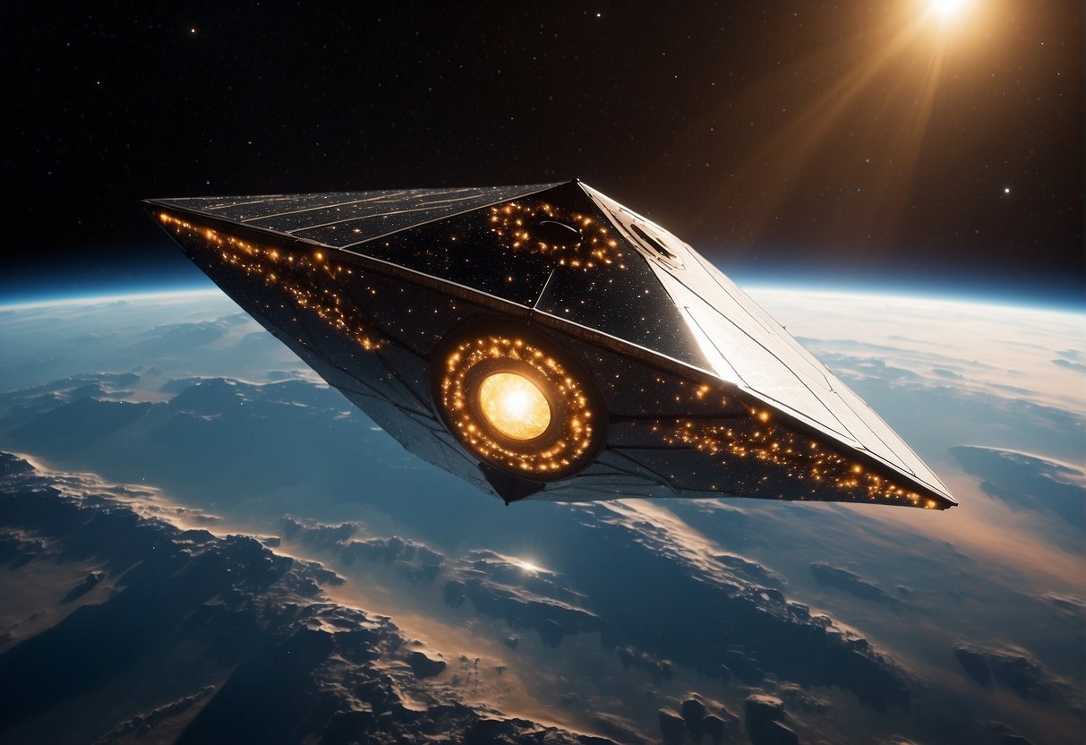 A solar sail spacecraft glides through the vast expanse of outer space, propelled by the gentle push of sunlight. Twinkling stars and distant planets provide a stunning backdrop to the futuristic vessel as it journeys through the cosmos