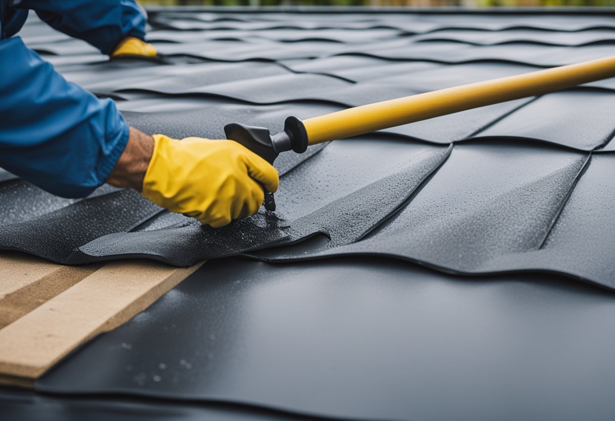 A roof being sealed with waterproofing materials, ensuring a leak-proof surface. Materials and tools scattered around the work area