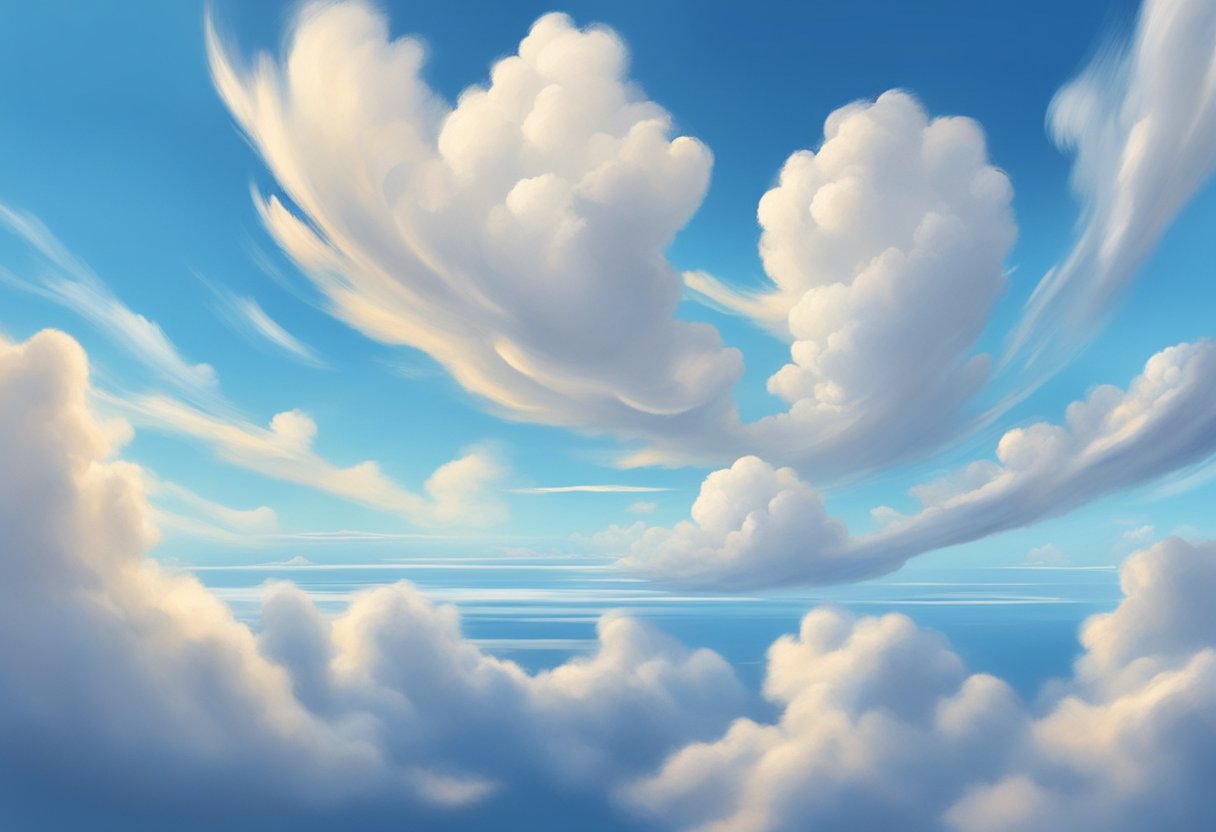 Fluffy cumulus clouds float in a clear blue sky, while wispy cirrus clouds streak across the horizon, creating a dynamic and varied cloudscape